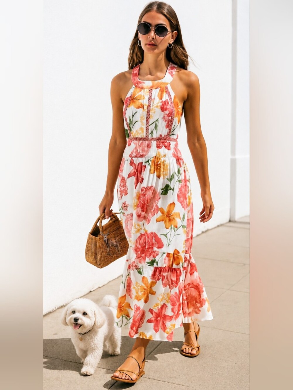ANTHROPOLOGIE🐞ATL White Floral Halter Neck Maxi Dress with Smocked Waist Sz: M